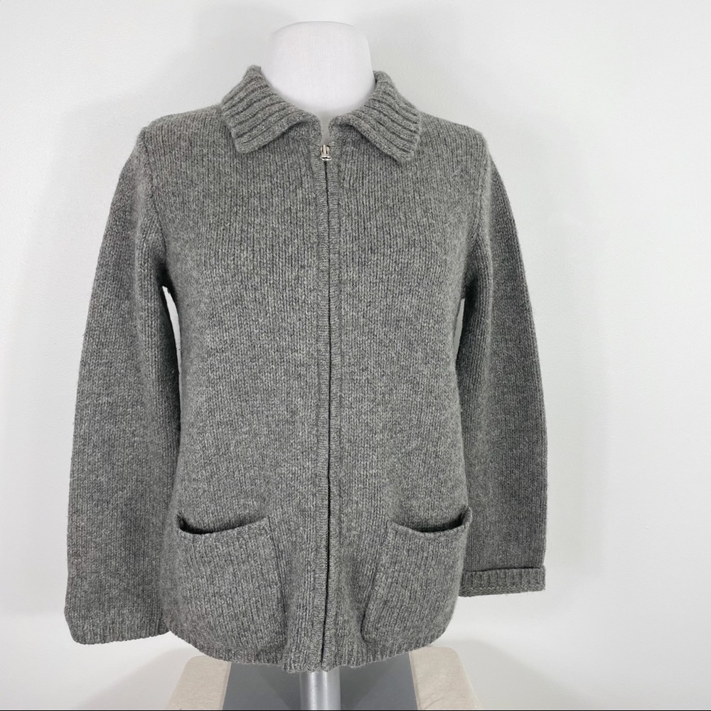 Vintage J. Crew Wool Cardigan Sweater Zip Front Gray Collared Pockets Small